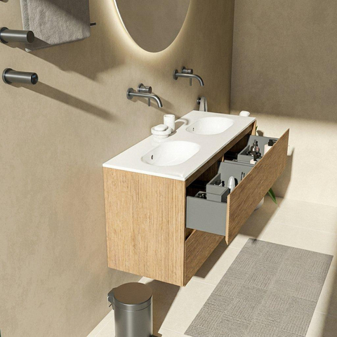 Saniclass Holz Pure Badkamermeubelset - 120x45x74cm - Chaci keramische wastafel wit - 2 wasbakken - zonder kraangaten - 4 lades - mat eiken natural (hout) SW1478249