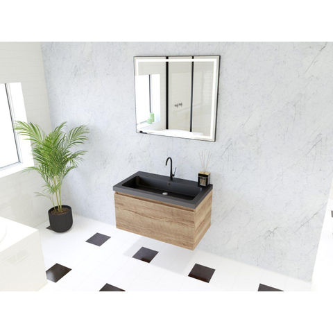 H&R Badmeubelen Matrix 3D badkamermeubelset 80cm 1 lade greeploos met greeplijst in kleur French oak met wasbak djazz 1 kraangat zwart mat SW857044