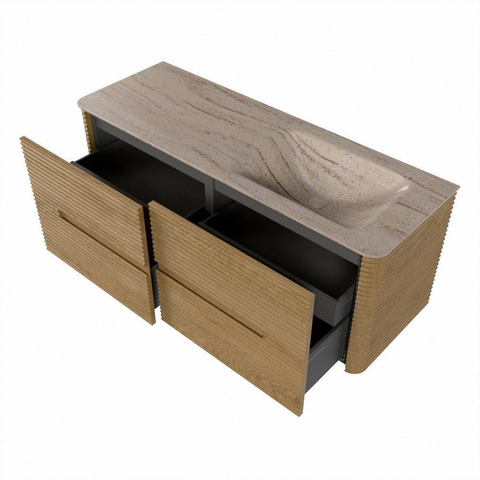 Mondiaz CIRO-DLUX Badkamermeubelset - 130x45x50cm - Solid surface wastafel Saba - 1 wasbak Rechts - 1 kraangat - 4 lades - Oak SW1531188
