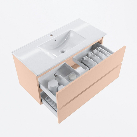 MONDIAZ VICA Ensemble meuble de salle de bains - 100cm - meuble bas rosee - 2 tiroirs - lavabo denia central - 1 trou de robinet - version haute 60cm - blanc brillant SW1080367