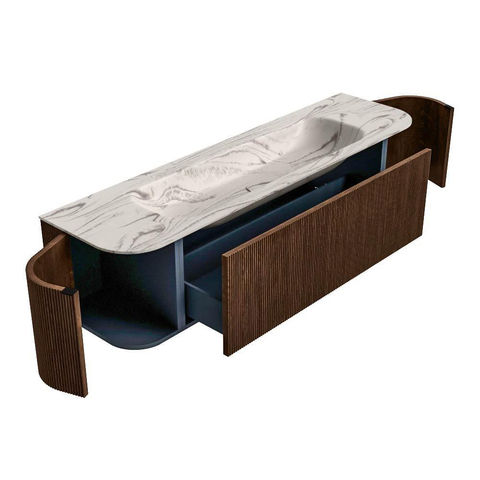 MONDIAZ KURVE-DLUX Meuble de salle de bains 170cm arrondi Gauche + Droite couleur Walnut avec 1 tiroir et 2 portes. Lavabo BIG LARGE Central sans trou de robinet Nata. SW1432202