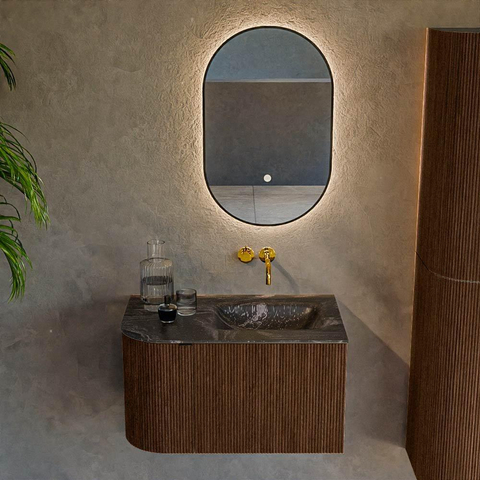 MONDIAZ KURVE-DLUX meuble de salle de bains 75cm avec module 25 L couleur Walnut avec 1 tiroir et 1 porte. Lavabo GRUNNE à droite sans trou de robinet couleur Lava. SW1137208