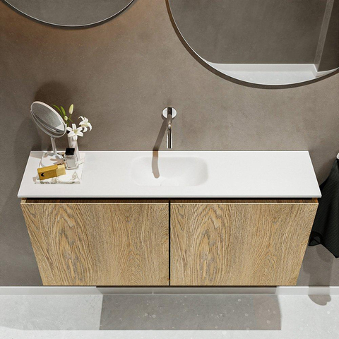 MONDIAZ TURE Kit lave-mains - 100x23x50cm - 0 trous de robinet - 2 portes - chêne blanchi mat - Lavabo centré - Solid Surface Blanc SW475138