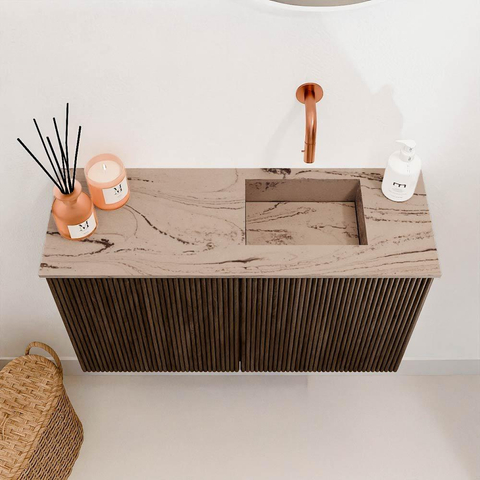 Mondiaz JOYA-DLUX 70cm toiletmeubel - kleur Walnut - Wastafel FAYE positie Rechts Zonder kraangat kleur Arena. SW1424330