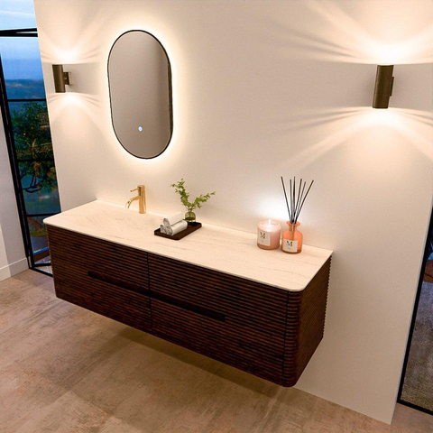 Mondiaz CIRO-DLUX Badkamermeubelset - 160x45x50cm - Solid surface wastafel Meli - 1 wasbak Links - 1 kraangat - 4 lades - Walnut SW1530560