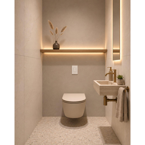 QeramiQ Dely Swirl Toiletset - 36.5x 53cm - Grohe Rapid inbouwreservoir - slim zitting - witte bedieningsplaat - rechthoekige knoppen - beige SW1130207
