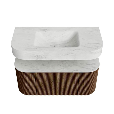 MONDIAZ THOR-DLUX Meuble de salle de bains 100cm arrondi gauche + droite couleur Walnut avec 1 tiroir et 2 portes. Vasque suspendue CLOUD Centre sans trou de robinet couleur Opalo. SW1467375