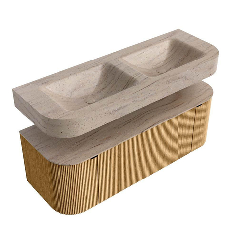 MONDIAZ THOR-DLUX 130cm badmeubel ronding links + rechts kleur Oak met 1 lade en 2 deuren. Vrijhangende wastafel CLOUD Dubbel 2 kraangaten kleur Saba. SW1464053