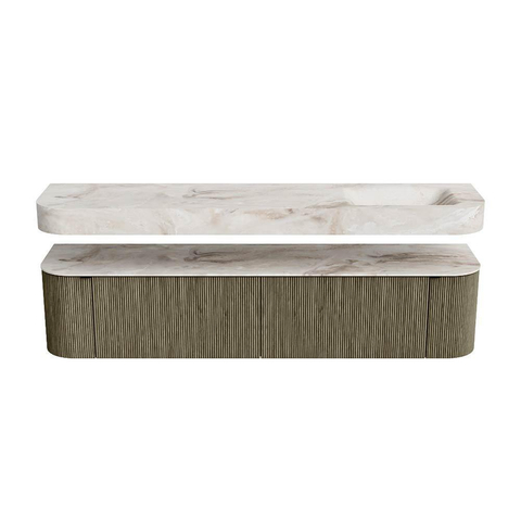 MONDIAZ THOR-DLUX 200cm meuble de salle de bains arrondi gauche + droite couleur Shadow avec 2 tiroirs et 2 portes. Vasque suspendue CLOUD Droite 1 trou de robinet couleur Frappe. SW1467018