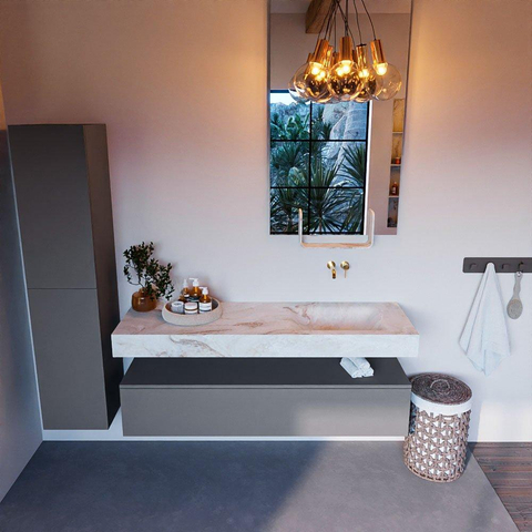 Mondiaz ALAN-DLUX Ensemble de meuble - 150cm - meuble Plata mat - 1 tiroir - Lavabo Cloud Frappe suspendu - vasque Droite - 0 trous de robinet SW805121