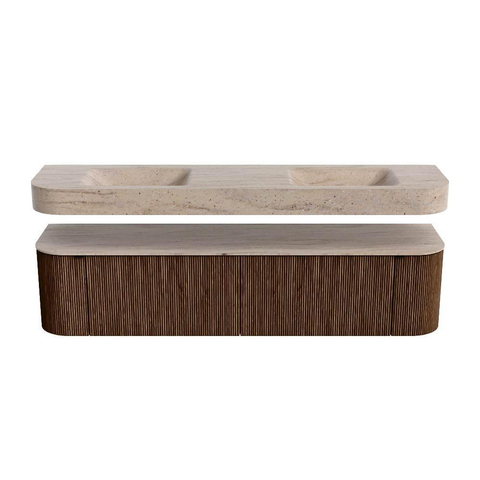 MONDIAZ THOR-DLUX Meuble de salle de bains - 190cm - arrondi gauche + droite - couleur Walnut - 2 tiroirs et 2 portes - Vasque suspendue CLOUD Double sans trou de robinet - couleur Saba SW1466663