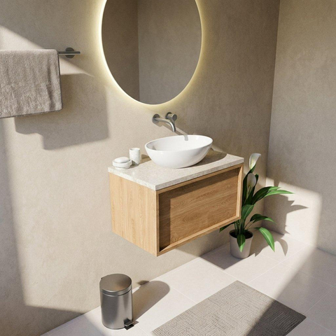 Saniclass Holz Frame Ensemble meuble de salle de bains - 80x45x43cm - Plan de toilette en pierre naturelle travertin - sans trou de robinetterie - 1 tiroir - chêne natural mat (bois) SW1478839