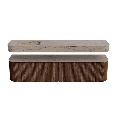 MONDIAZ THOR-DLUX Meuble de salle de bains 190cm arrondi gauche + droite couleur Walnut avec 2 tiroirs et 2 portes. Vasque suspendue CLOUD Gauche sans trou de robinet couleur Arena. SW1466591