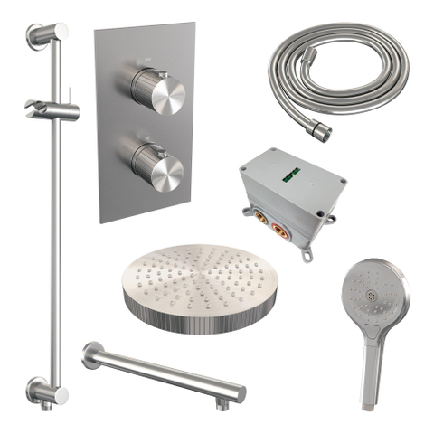 BRAUER Stripe Douche de tête thermostatique encastrable - 3 voies - rectangulaire - SET 22 - pomme de douche 25 cm - bras mural droit - douchette 3 positions - flexible de douche - barre coulissante intégrée - couleur inox brossé PVD SW1435264