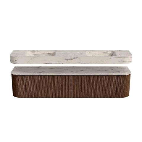 MONDIAZ THOR-DLUX 200cm badmeubel ronding links + rechts kleur Walnut met 2 lades en 2 deuren. Vrijhangende wastafel CLOUD Dubbel 2 kraangaten kleur Nata. SW1467169