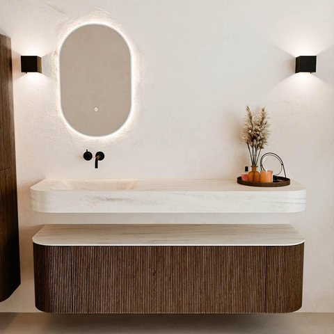 MONDIAZ THOR-DLUX 160cm meuble de salle de bains arrondi gauche + droite couleur Walnut avec 1 tiroir et 2 portes. Vasque suspendue CLOUD gauche sans trou de robinet couleur Meli. SW1465156