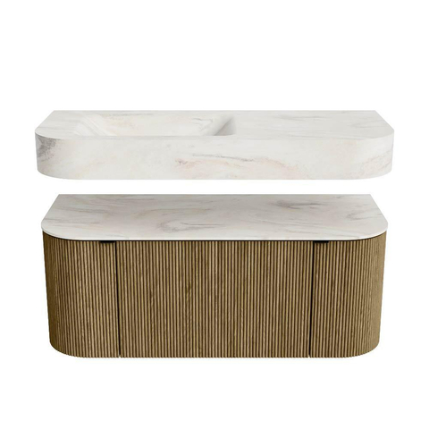 MONDIAZ THOR-DLUX 110cm meuble de salle de bains arrondi gauche + droite couleur Dusk avec 1 tiroir et 2 portes. Vasque suspendue CLOUD Gauche 1 trou de robinet couleur Ostra. SW1462841