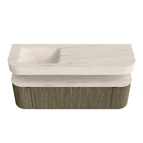 MONDIAZ THOR-DLUX 150cm meuble de salle de bains arrondi gauche + droite couleur Shadow avec 1 tiroir et 2 portes. Vasque suspendue CLOUD Gauche sans trou de robinet couleur Meli. SW1464808