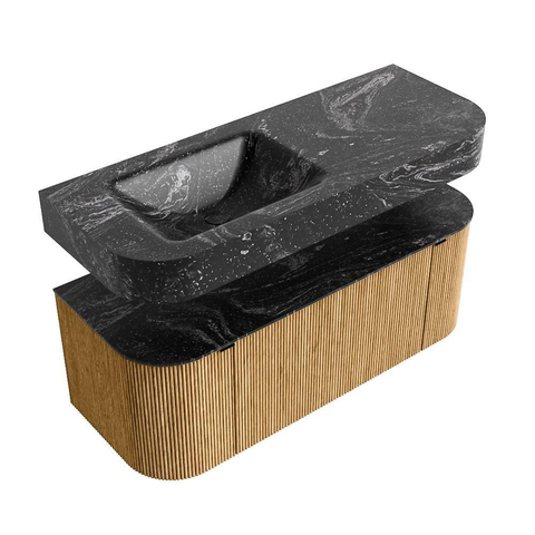 MONDIAZ THOR-DLUX 120cm meuble de salle de bains arrondi gauche + droite couleur Oak avec 1 tiroir et 2 portes. Vasque suspendue CLOUD Gauche sans trou de robinet couleur Lava. SW1463089