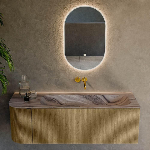 MONDIAZ KURVE-DLUX 135cm badmeubel ronding Links kleur Dusk met 1 lade en 1 deur. Wastafel BIG MEDIUM Rechts zonder kraangat Sombra. SW1433862