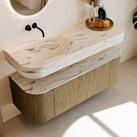 MONDIAZ THOR-DLUX 130cm meuble de salle de bains arrondi gauche + droite couleur Dusk avec 1 tiroir et 2 portes. Vasque suspendue CLOUD Gauche sans trou de robinet couleur Nata. SW1463873