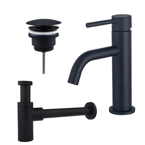 Fortifura Calvi Slim Kit mitigeur lavabo - robinet bas - bonde nonobturable - siphon design - Noir mat SW911743