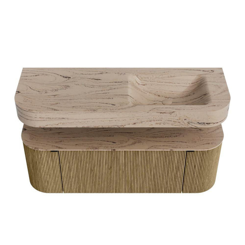 MONDIAZ THOR-DLUX 130cm meuble de salle de bains arrondi gauche + droite couleur Dusk avec 1 tiroir et 2 portes. Vasque suspendue CLOUD Droite 1 trou de robinet couleur Arena. SW1463803