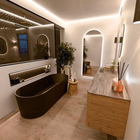 Mondiaz CIRO-DLUX Ensemble de meubles de salle de bains - 180x45x50cm - lavabo Solid surface Oza - 1 vasque à gauche - sans trous de robinet - 4 tiroirs - Chêne SW1531173