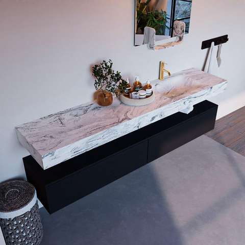 Mondiaz ALAN-DLUX Ensemble de meuble - 200cm - meuble Urban mat - 2 tiroirs - Lavabo Cloud Glace suspendu - vasque Droite - 1 trou de robinet SW805686