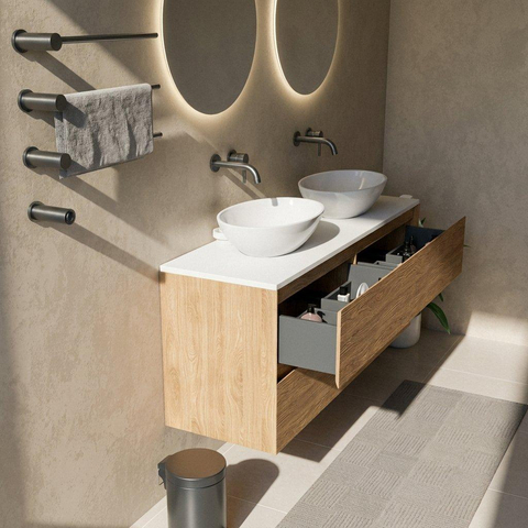 Saniclass Holz Pure Badkamermeubelset - 140x45x62.5cm - Torino solid surface topblad wit - zonder kraangat - 4 lades - mat eiken natural (hout) SW1478827