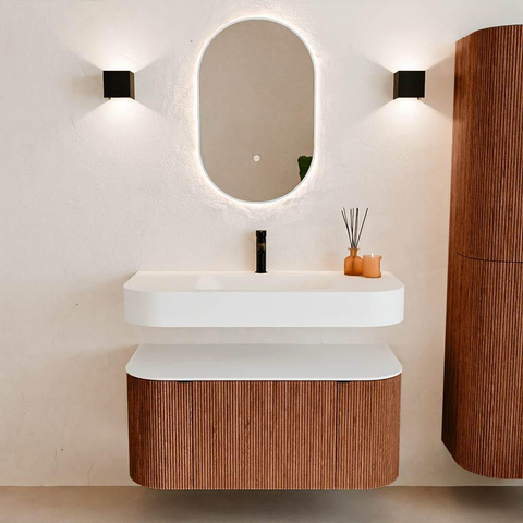 MONDIAZ THOR 100cm meuble de salle de bains arrondi gauche + droite couleur Ruby avec 1 tiroir et 2 portes. Vasque suspendue CLOUD Milieu 1 trou de robinet couleur Talc. SW1467352