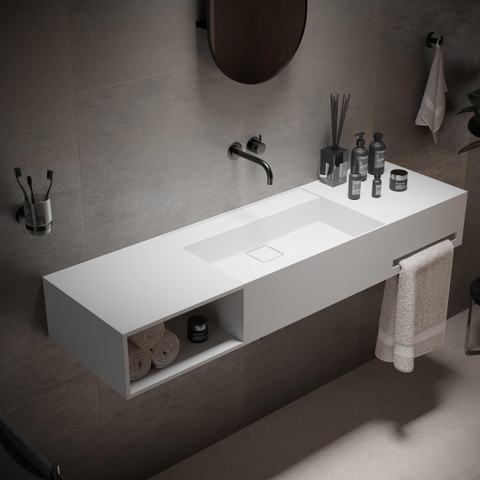 Ideavit Wastafel - 140x40x20cm - solid surface - afgeronde binnenhoeken - handdoekhouder rechts - opbergvak links - vierkante afvoerdekking - solid surface - mat wit SW1220459