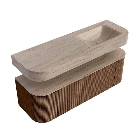 MONDIAZ THOR-DLUX 140cm badmeubel ronding links + rechts kleur Walnut met 1 lade en 2 deuren. Vrijhangende wastafel CLOUD Rechts zonder kraangat kleur Saba. SW1464326