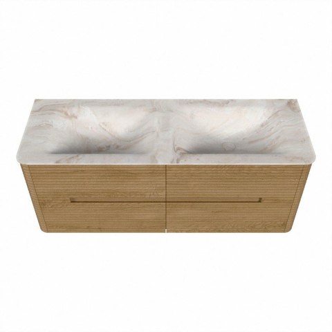 Mondiaz CIRO-DLUX Meuble de salle de bains - 130x45x50cm - Plan vasque solid surface Frappe - 2 vasques double - 2 trous de robinet - 4 tiroirs - Chêne SW1530872