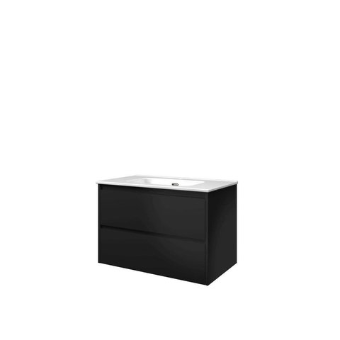 Proline Elegant badkamermeubelset - 80x46x54cm - porselein Elegant wastafel - 1 kraangat - symmetrisch - MDF lak Mat zwart/Glans wit SHOW26944