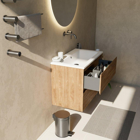 Saniclass Holz Pure Badkamermeubelset - 80x45x77.5cm - Torino solid surface wastafel wit - zonder kraangat - 2 lades - mat eiken natural (hout) SW1478654