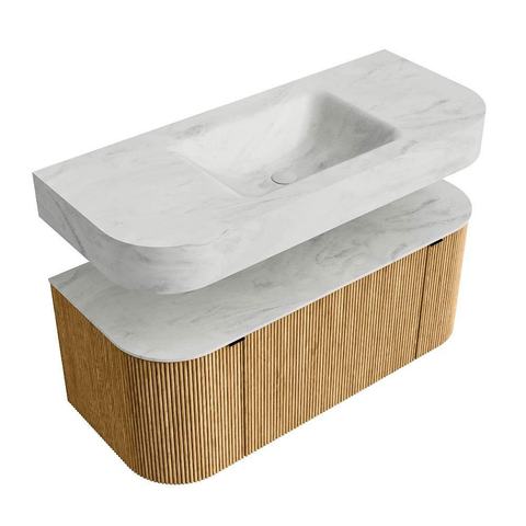 MONDIAZ THOR-DLUX Meuble de salle de bains 110cm arrondi gauche + droite couleur Oak avec 1 tiroir et 2 portes. Vasque suspendue CLOUD Milieu 1 trou de robinet couleur Opalo. SW1462741