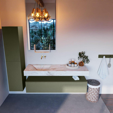 Mondiaz ALAN-DLUX Ensemble de meuble - 150cm - meuble Army mat - 1 tiroir - Lavabo Cloud Frappe suspendu - vasque Gauche - 0 trous de robinet SW805541