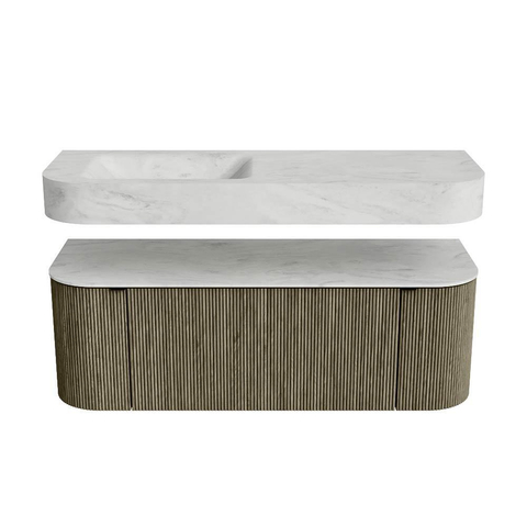 MONDIAZ THOR-DLUX 130cm meuble de salle de bains arrondi gauche + droite couleur Shadow avec 1 tiroir et 2 portes. Vasque suspendue CLOUD Gauche 1 trou de robinet couleur Opalo. SW1463762