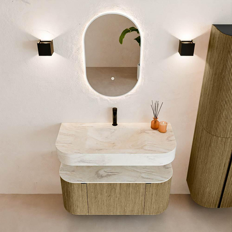 MONDIAZ THOR-DLUX 100cm meuble de salle de bains arrondi gauche + droite couleur Dusk avec 1 tiroir et 2 portes. Vasque suspendue CLOUD Milieu 1 trou de robinet couleur Ostra. SW1467354