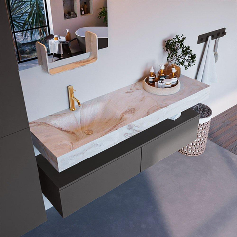 Mondiaz ALAN-DLUX Ensemble de meuble - 150cm - meuble Dark grey mat - 2 tiroirs - Lavabo Cloud Frappe suspendu - vasque Gauche - 1 trou de robinet SW805179