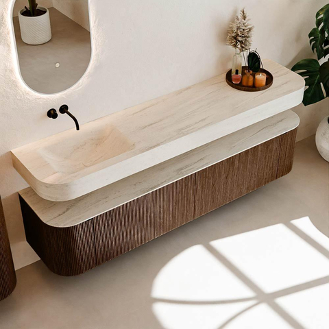 MONDIAZ THOR-DLUX 200cm meuble de salle de bains arrondi gauche + droite couleur Walnut avec 2 tiroirs et 2 portes. Vasque suspendue CLOUD Gauche sans trou de robinet couleur Meli. SW1467106