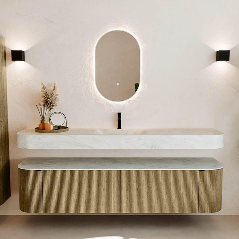 MONDIAZ THOR-DLUX 190cm meuble de salle de bains arrondi gauche + droite couleur Dusk avec 2 tiroirs et 2 portes. Vasque suspendue CLOUD Milieu 1 trou de robinet couleur Opalo. SW1466468