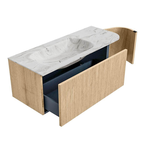 MONDIAZ KURVE-DLUX Meuble de salle de bains 115 cm avec module 25 R couleur Oak avec 1 tiroir et 1 porte. Lavabo BIG SMALL gauche 1 trou de robinet couleur Glace. SW1137971