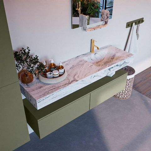 Mondiaz ALAN-DLUX Ensemble de meuble - 150cm - meuble Army mat - 2 tiroirs - Lavabo Cloud Glace suspendu - vasque Droite - 1 trou de robinet SW805924