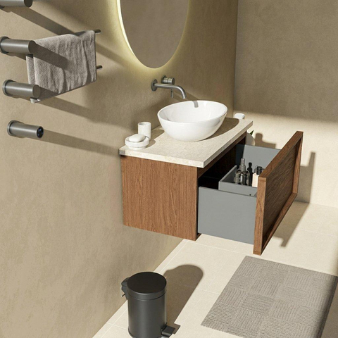 Saniclass Holz Frame Badkamermeubelset - 80x45x43cm - Travertine natuurstenen topblad - zonder kraangat - 1 lade - mat walnut pure (hout) SW1478843