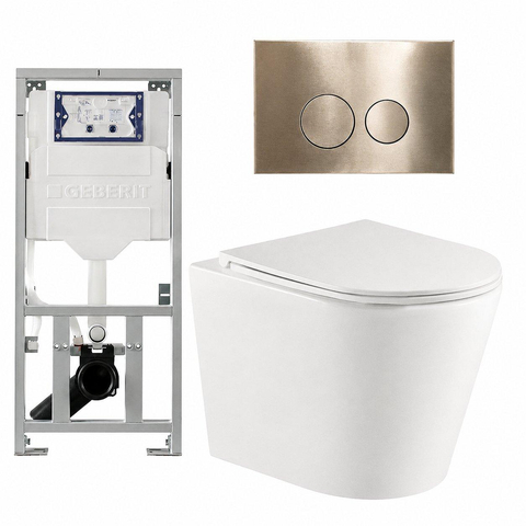QeramiQ Dely Toiletset - 36.3x51.7cm - diepspoel - rimless - Geberit UP320 inbouwreservoir - met Burda frame - softclose toiletzitting - geborsteld messing bedieningsplaat - ronde knoppen - mat wit SW804614