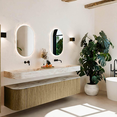 MONDIAZ THOR-DLUX Meuble de salle de bains - 200cm - arrondi gauche + droite - couleur Dusk - 2 tiroirs et 2 portes - Vasque suspendue CLOUD Double sans trou de robinet - couleur Frappe SW1466824