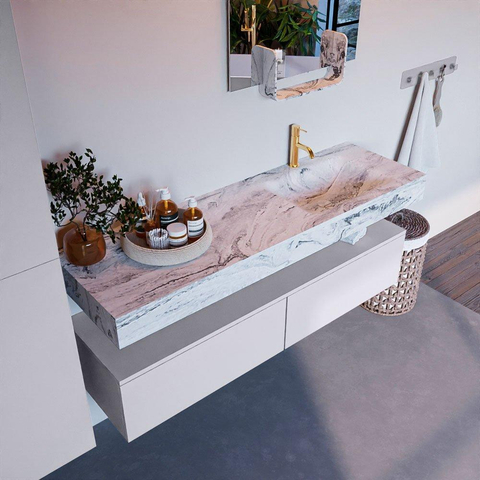 Mondiaz ALAN-DLUX Ensemble de meuble - 150cm - meuble Cale mat - 2 tiroirs - Lavabo Cloud Glace suspendu - vasque Droite - 1 trou de robinet SW806005