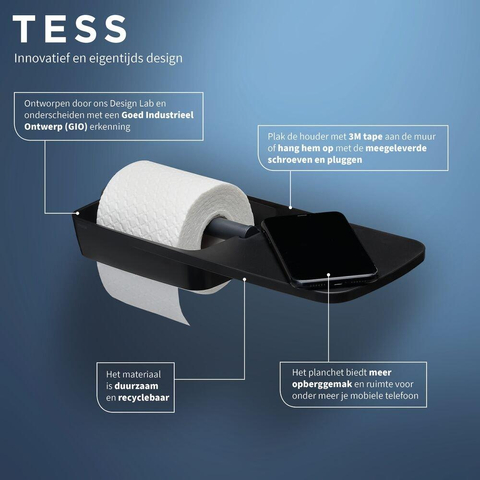 Tiger Tess Toiletrolhouder - met planchet - zelfklevend/boren - zwart/antraciet SW877676